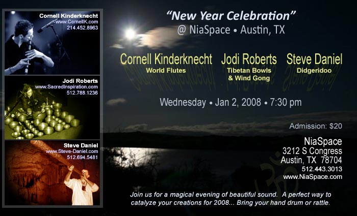 Cornell Kinderknecht and Jodi Roberts and Steve Daniel, World Flutes, Tibetan Bowls, Didgeridoo Concert - Austin, Texas