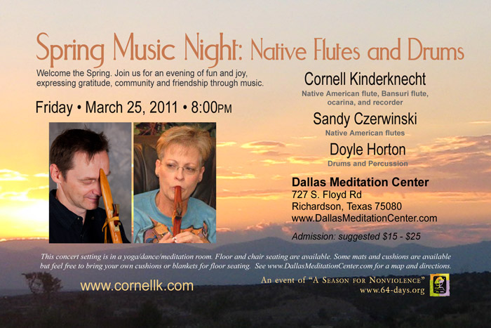 Spring Music Night: Native Flute and Drums. Cornell Kinderknecht, Sandy Czerwinski and Doyle Horton - March 25, 2011 - Richardson/Dallas, Texas